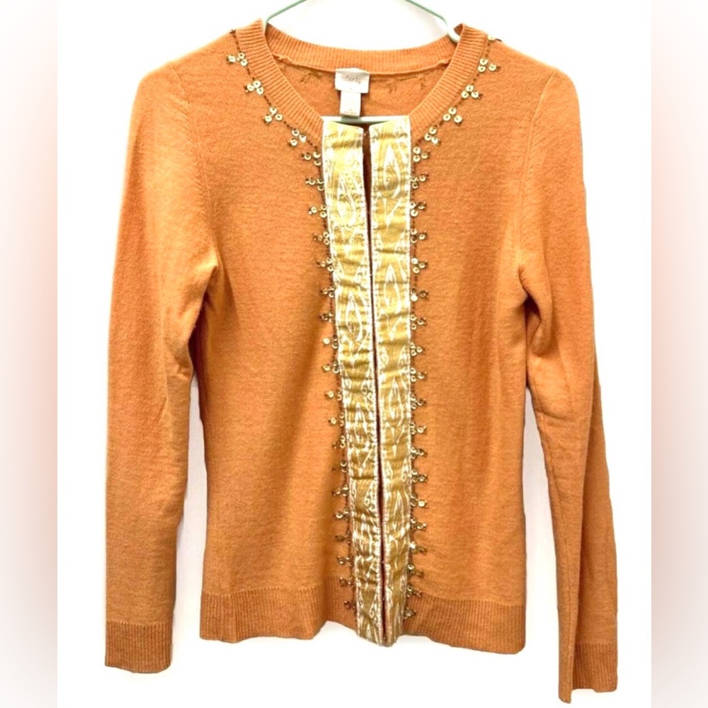 Vintage Tracy Reese Orange Cardigan Metallic Ribbon Sequins Detail Sweater Sz M